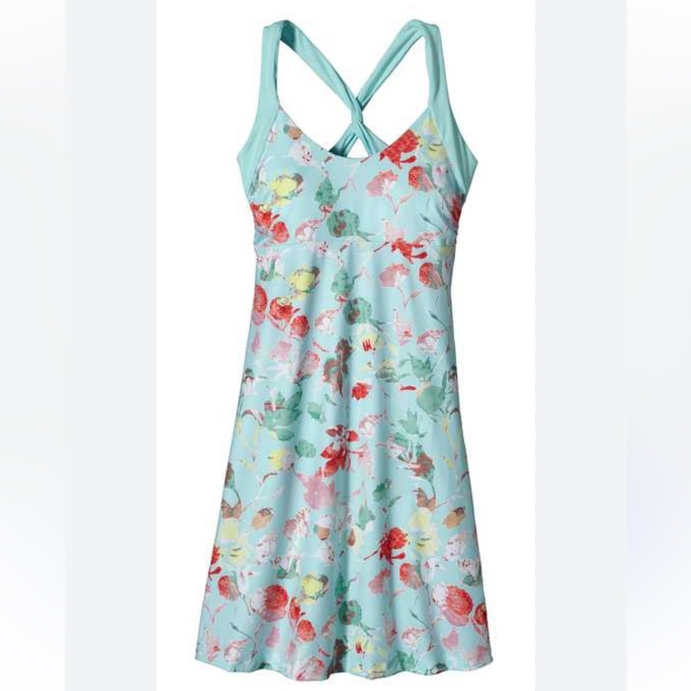 Patagonia women’s blue floral morning glory cross strap dress size large EUC‎